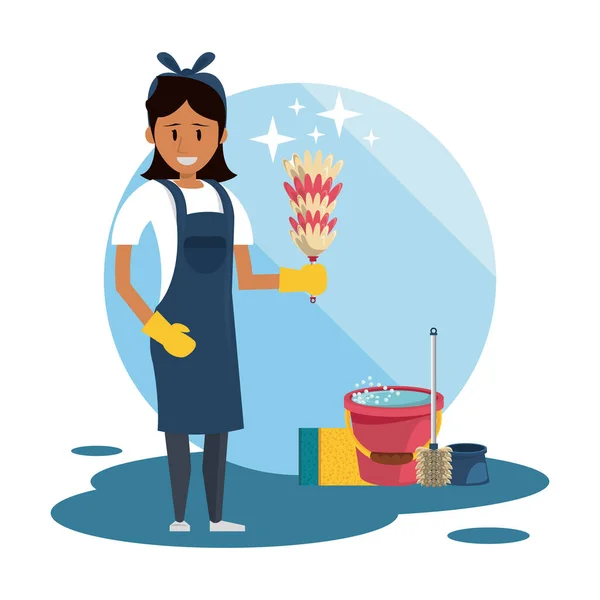 Cleaner with cleaning products housekeeping service — Stock Vector