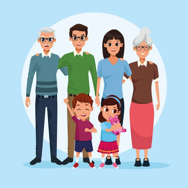 Família avós, pais e crianças desenhos animados — Vetor de Stock