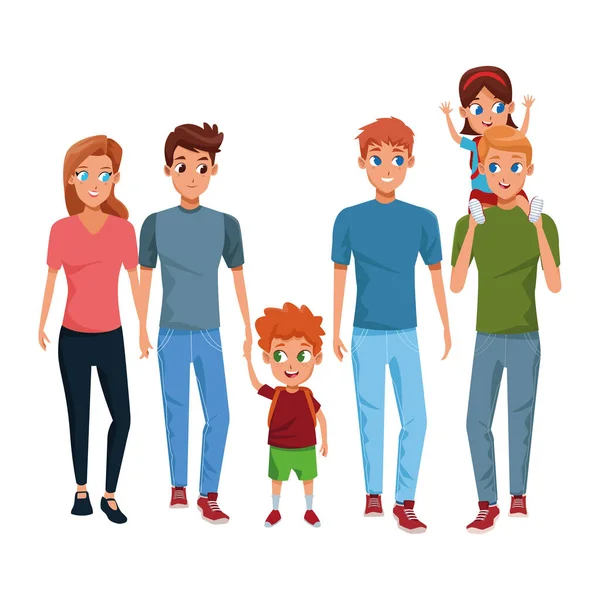 Família jovens pais com crianças desenhos animados —  Vetores de Stock
