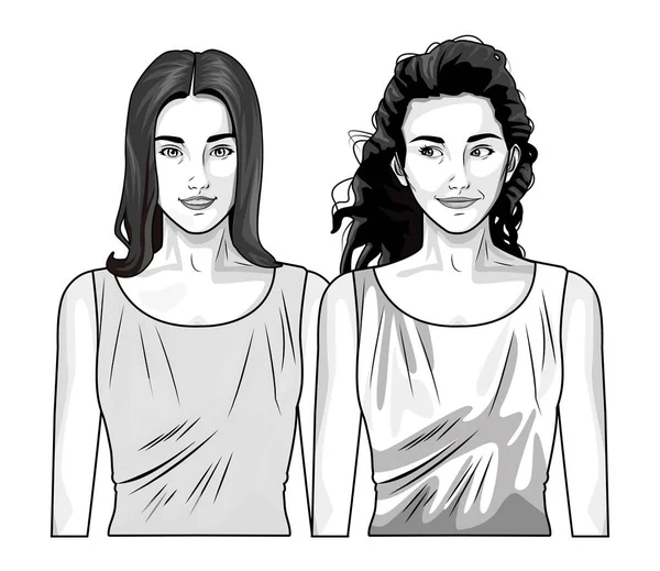 Arte pop hermosas mujeres sonriendo dibujos animados en blanco y negro — Vector de stock