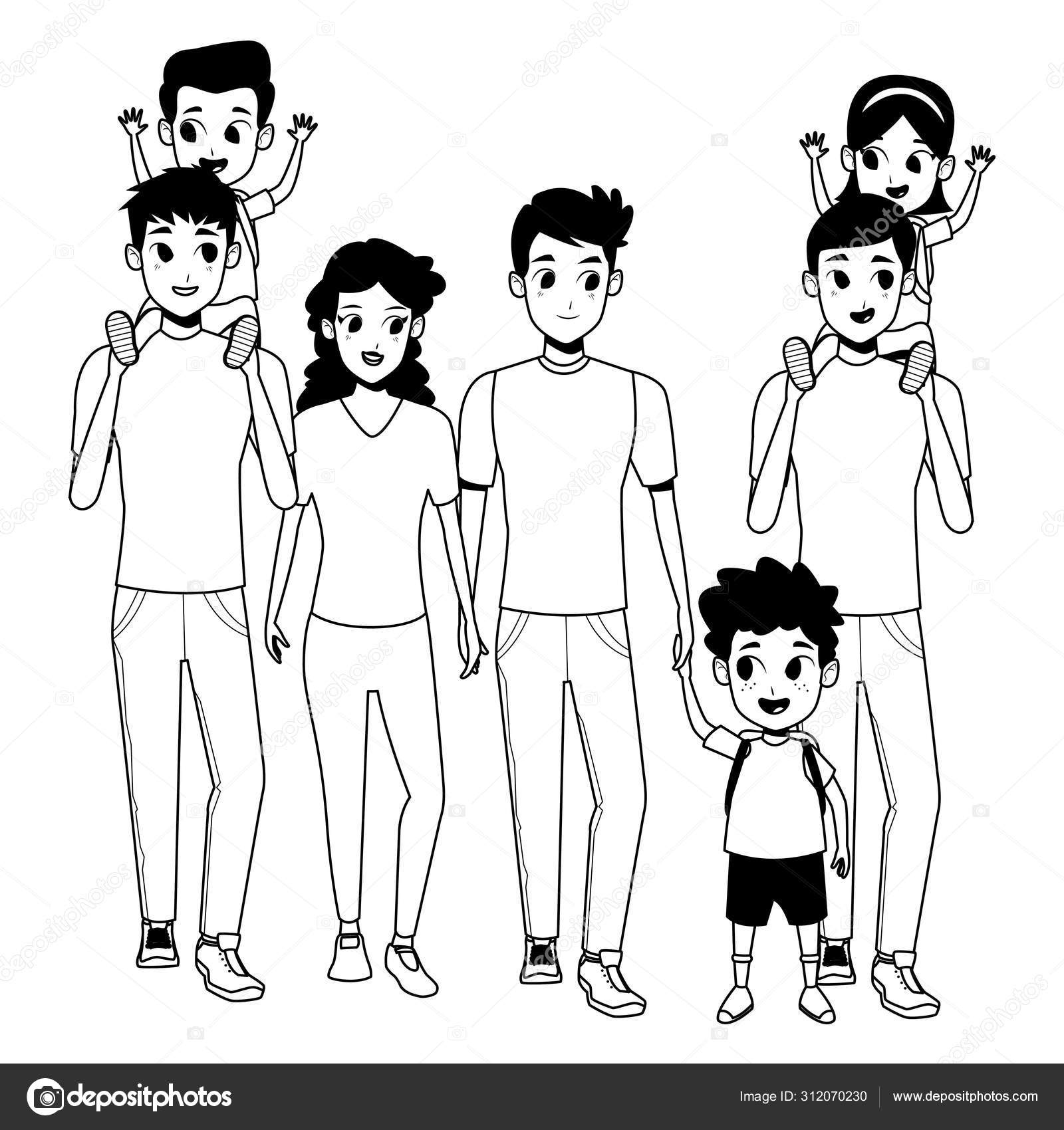 Family young parents with children cartoon in black and white Stock