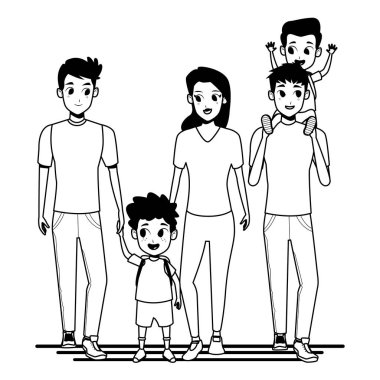 Siyah beyaz çocuklu aile genç ebeveynler karikatür