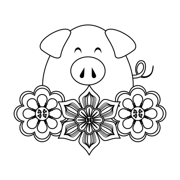 검은 색과 흰색귀여운 동물 돼지 농장 만화 — 스톡 벡터