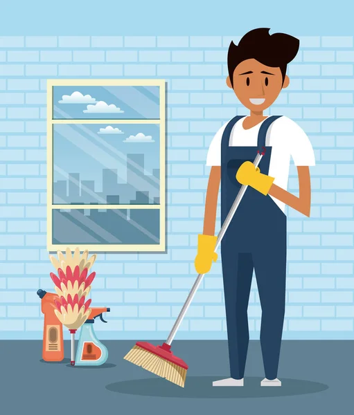 Cleaner with cleaning products housekeeping service — Stock Vector