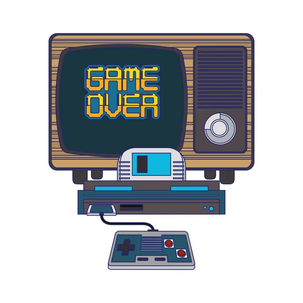 Console de jeu vidéo rétro et gamepads lignes bleues — Image vectorielle