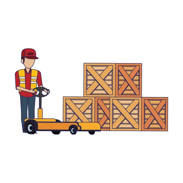 Entrepôt travailleur logistique emploi concept lignes bleues — Image vectorielle