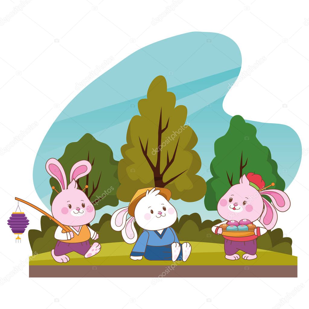 Rabbits Celebrating Mid Autumn Festival With Paper Lanterns And Mooncakes Cartoons In The Forest Landscape Background Vector Illustration Graphic Design Premium Vector In Adobe Illustrator Ai Ai Format Encapsulated
