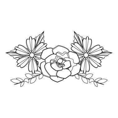 Çiçekler tropikal bahar çiçekli karikatür siyah ve beyaz