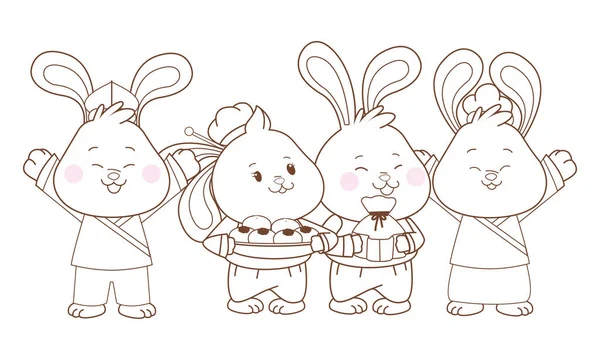 Conejos celebrando caricaturas del festival de mediados de otoño en blanco y negro — Vector de stock