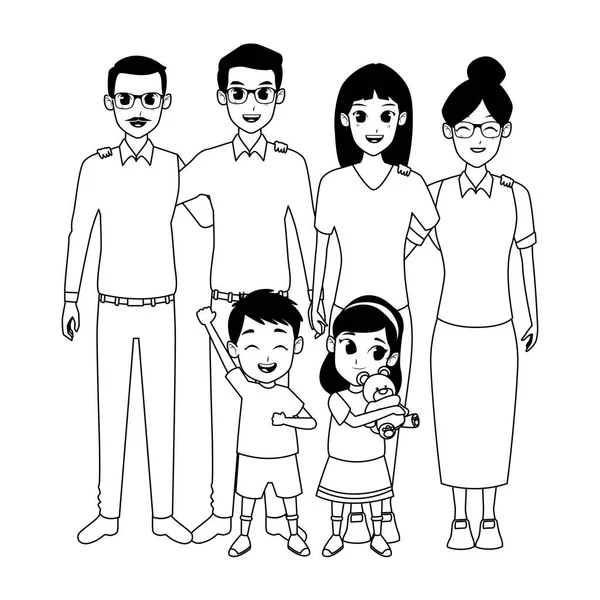 Parents de famille et enfants dessins animés en noir et blanc — Image vectorielle