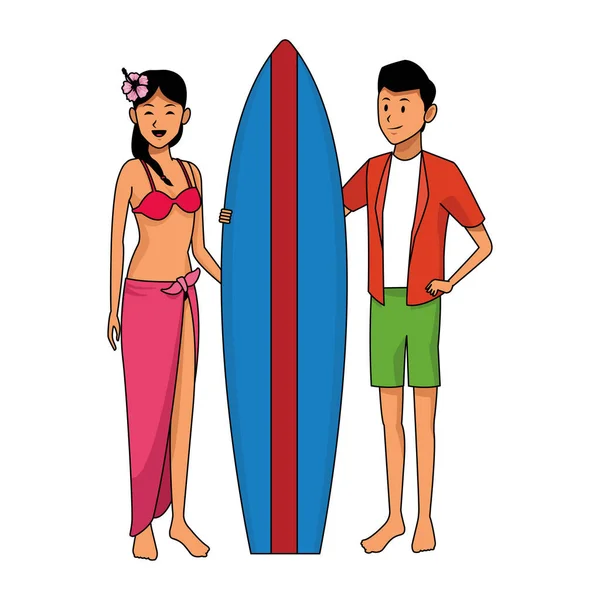 Casal jovem com desenhos animados de mesa de surf — Vetor de Stock