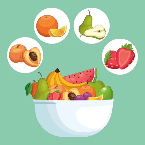 Deliciosas frutas en el bowl de dibujos animados — Vector de stock