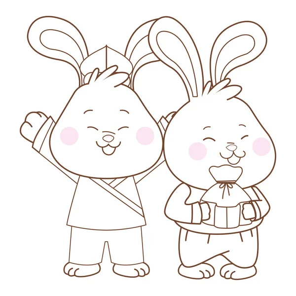 Conejos a mediados del festival de otoño caricaturas en blanco y negro — Archivo Imágenes Vectoriales
