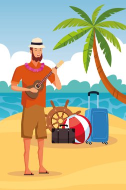 Plaj karikatürlerindeki genç adam.