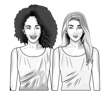 Pop art güzel kadın siyah beyaz karikatür gülümseyen