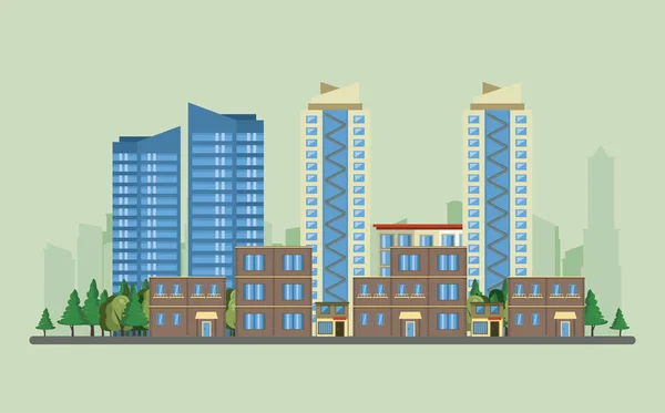 Edificios urbanos con pancarta de paisaje urbano — Vector de stock