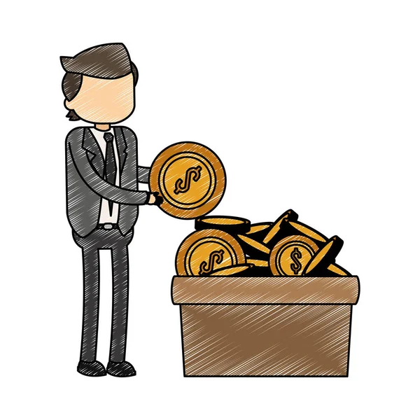 Empresário com moedas em caixa rabiscar — Vetor de Stock