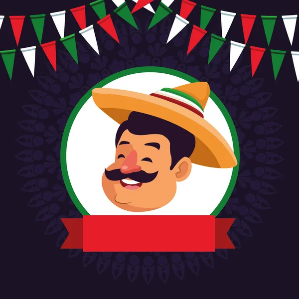 Hombre mexicano cara avatar icono de dibujos animados — Vector de stock