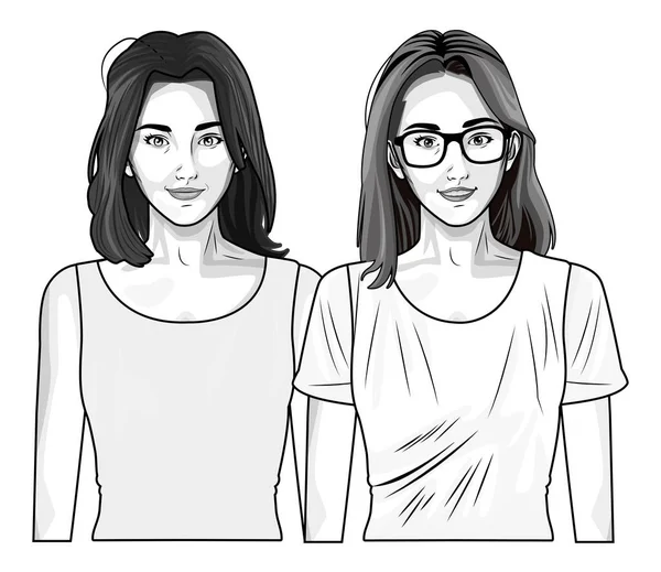 Arte pop hermosas mujeres sonriendo dibujos animados en blanco y negro — Vector de stock