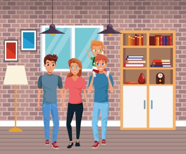 Çocuklu aile genç ebeveynler karikatür