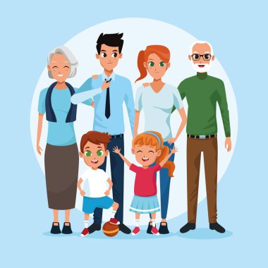 Aile büyükbabaları, ebeveynler ve çocuklar çizgi film