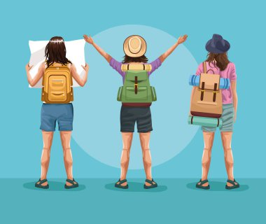 Sırt çantası gezginleri genç turistler çizgi film
