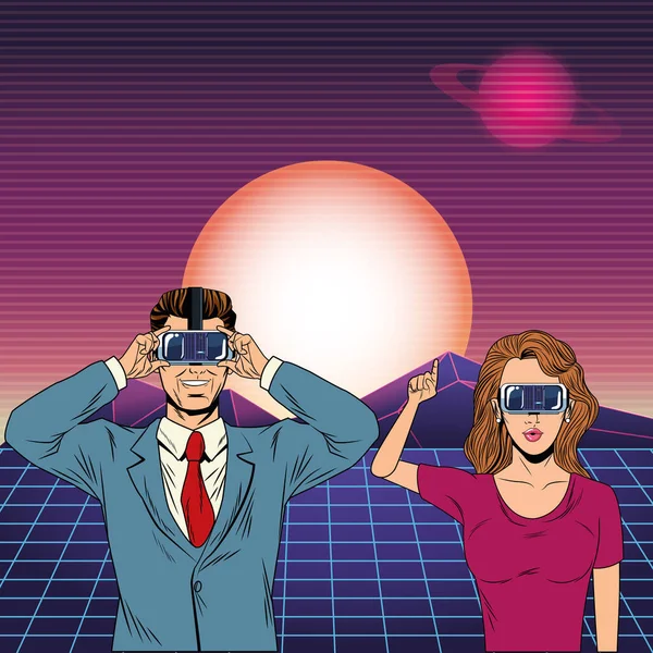 Coppia con auricolare realtà virtuale — Vettoriale Stock