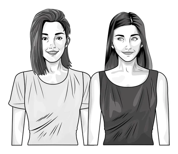 Pop art belles femmes sourire dessin animé en noir et blanc — Image vectorielle