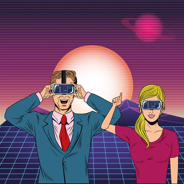 Casal com fone de ouvido de realidade virtual —  Vetores de Stock
