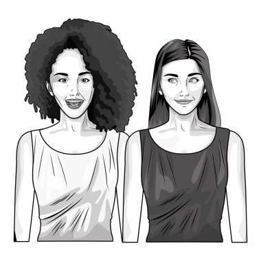 Pop art güzel kadın siyah beyaz karikatür gülümseyen