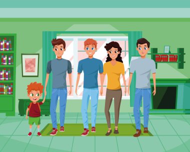 Çocuklu aile genç ebeveynler karikatür