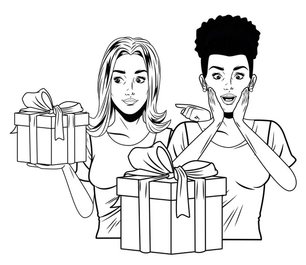 Siyah beyaz hediye kutusu olan genç kadınlar. — Stok Vektör