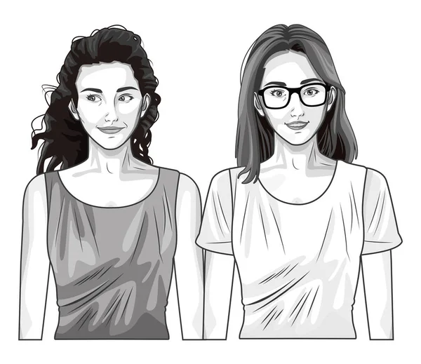 Pop art mujeres modelos sonriendo dibujos animados en blanco y negro — Vector de stock