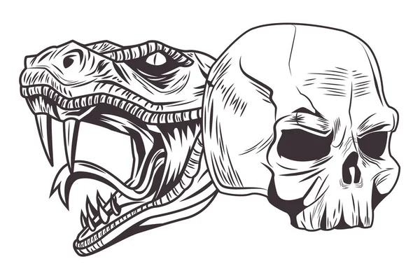 Cabeça de cobra e crânio desenho ícone de tatuagem — Vetor de Stock