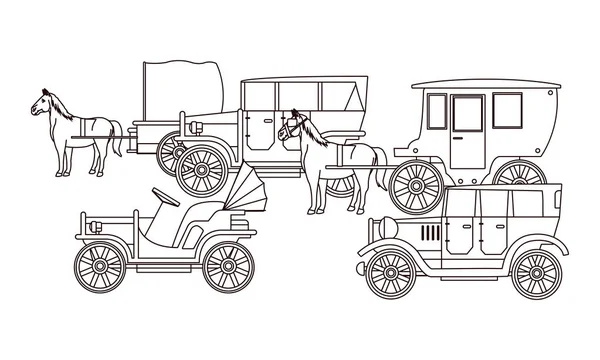 Κλασικά αυτοκίνητα και βαγόνια με άλογα σε μαύρο και άσπρο — Διανυσματικό Αρχείο