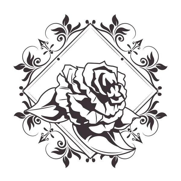 Rosa y hojas dibujado icono del tatuaje — Vector de stock