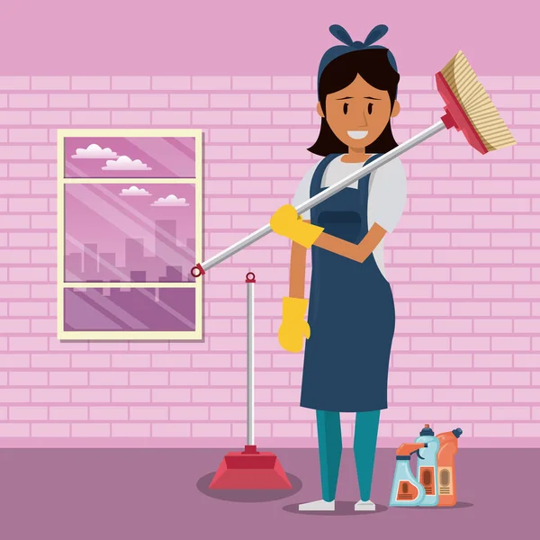 Limpador com produtos de limpeza serviço de limpeza — Vetor de Stock