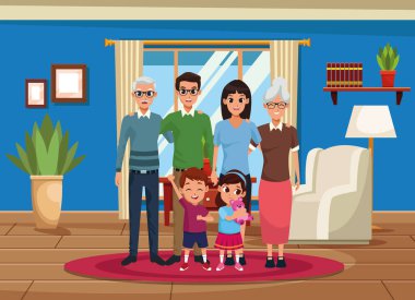 Aile büyükbabaları, ebeveynler ve çocuklar çizgi film