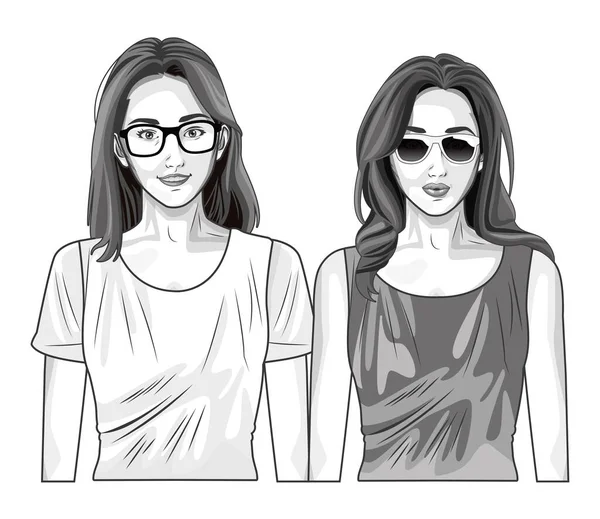 Pop art women models smiling cartoon in black and white — 스톡 벡터