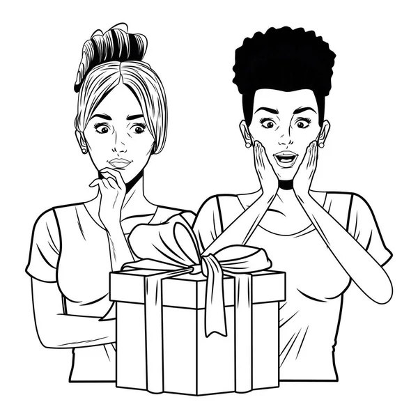 Siyah beyaz hediye kutusu olan genç kadınlar. — Stok Vektör