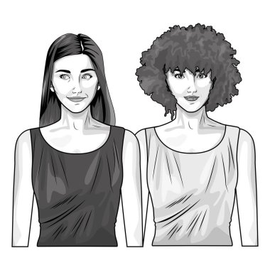 Pop art güzel kadın siyah beyaz karikatür gülümseyen