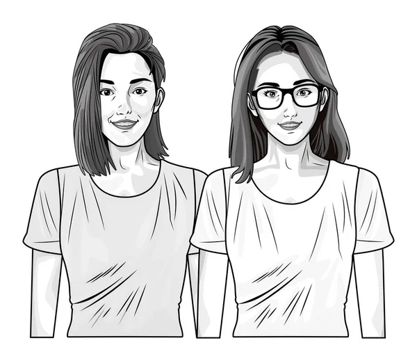 Pop arte mulheres bonitas sorrindo desenhos animados em preto e branco —  Vetores de Stock