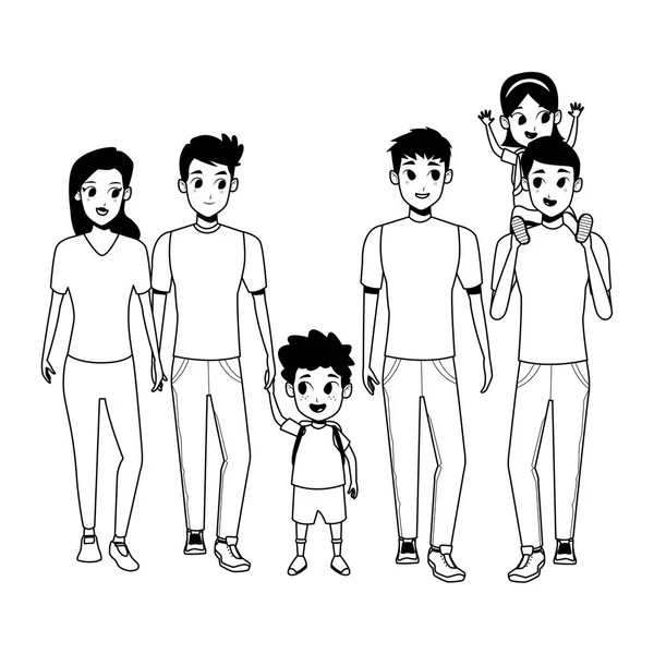 Familia padres jóvenes con dibujos animados para niños en blanco y negro — Vector de stock