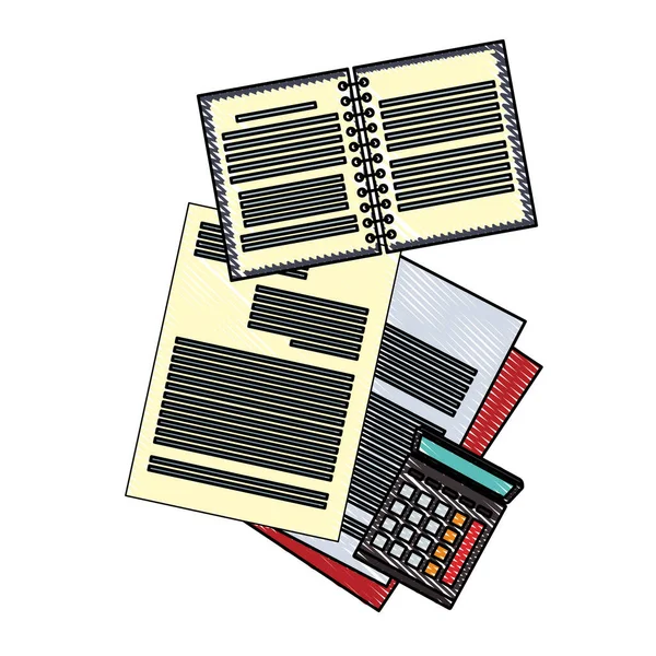 Documentos y cuaderno con garabato de calculadora — Vector de stock