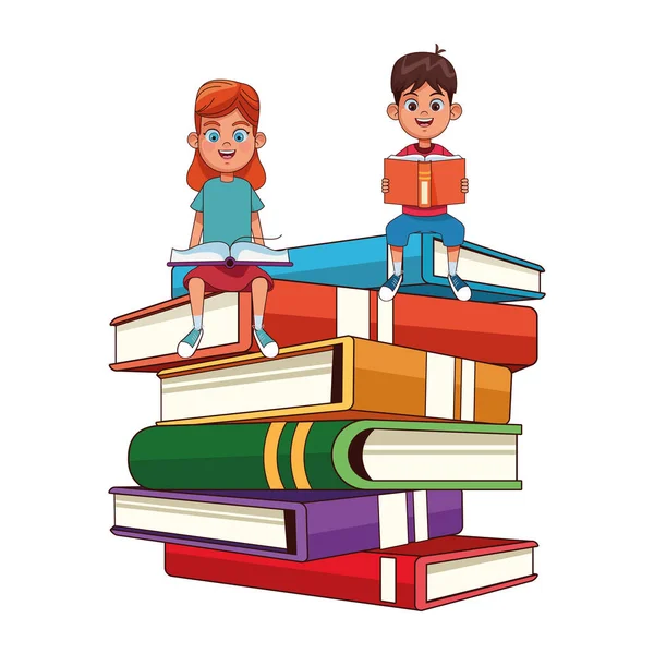 Niños pequeños con libros grandes apilados — Vector de stock