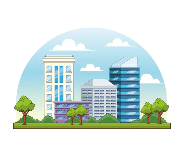 City buildings and park with trees scenery — Stock Vector