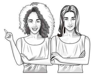 Pop art güzel kadın siyah beyaz karikatür gülümseyen