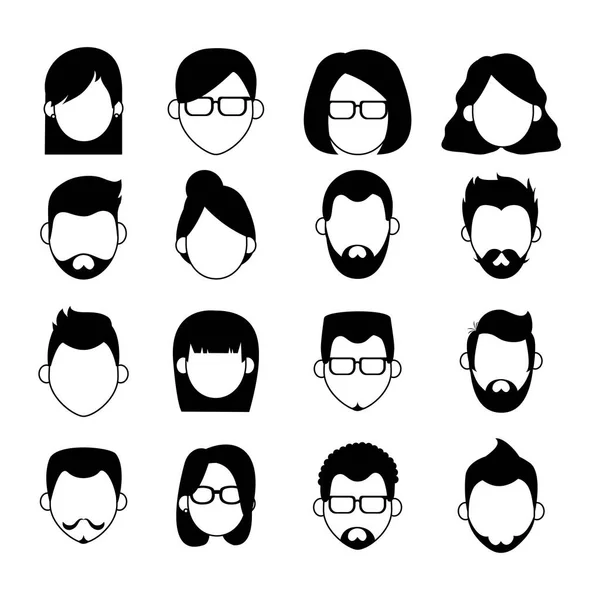 Set of people faceless characters icons in black and white — Stock Vector