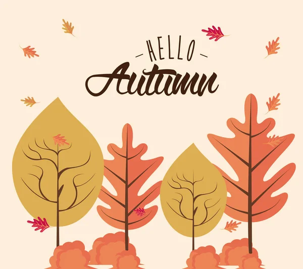 Olá cartão de outono com folhas desenhos animados — Vetor de Stock