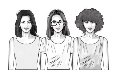 Pop art güzel kadın siyah beyaz karikatür gülümseyen